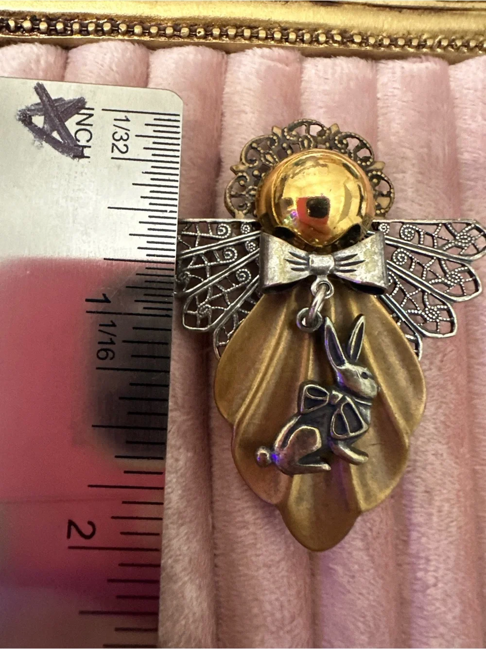 Gold and Silver Angel Brooch with Rabbit Accent - Women's Jewelry